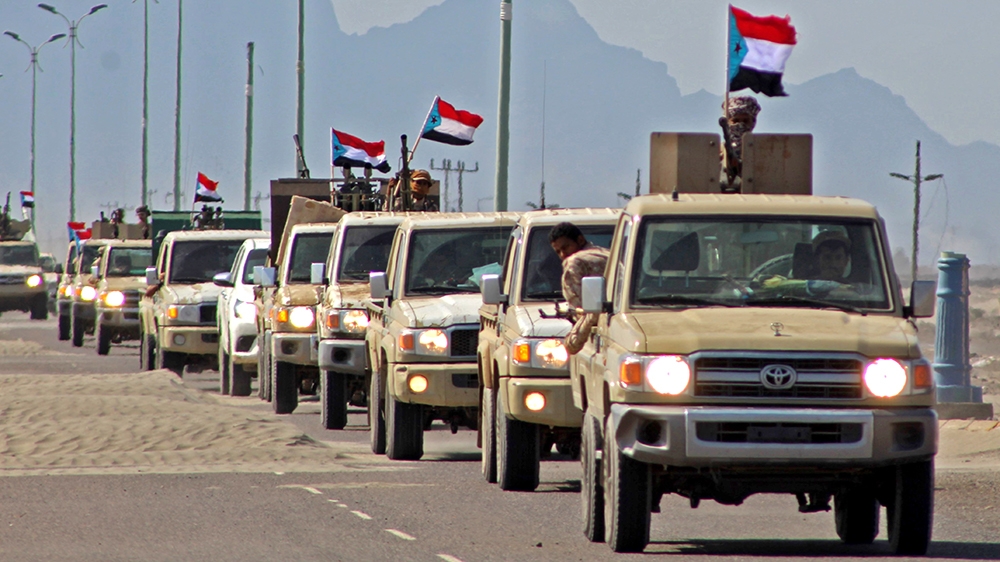 (FILES) A file photo taken on November 26, 2019, shows a reinforcement convoy of Yemen''s Security Belt Force dominated by members of the the Southern Transitional Council (STC) seeking independence fo