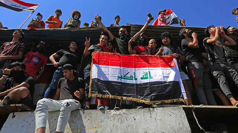 BAGHDAD, IRAQ - MAY 10:  Iraqi demonstrators gather to stage a protest as the protests have started again after a break due to coronavirus (Covid-19) measures, in Baghdad, Iraq on May 10, 2020.  ( Mur