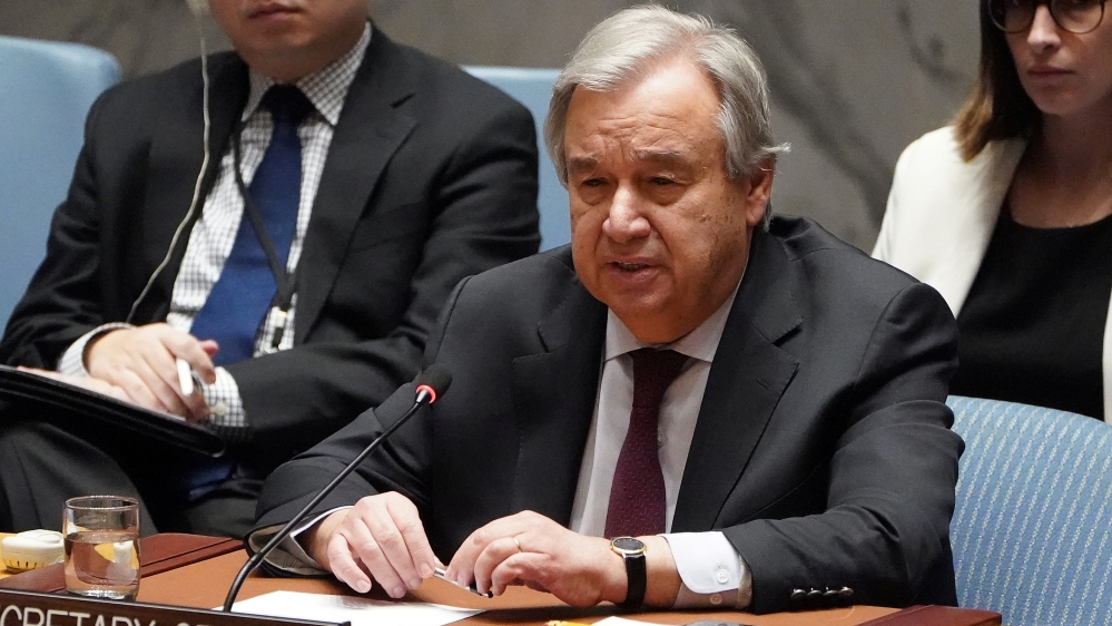 Secretary General of UN Guterres speaks during a Security Council meeting about the situation in Syria at UN Headquarters in New York City