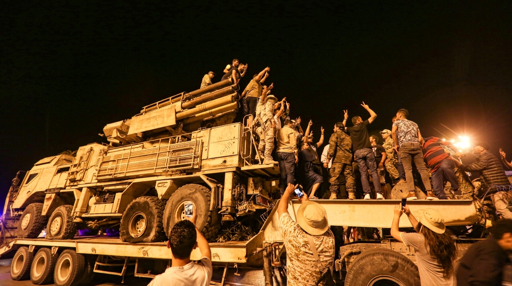 Libyan government displays destroyed air defense system used by warlord Haftar''s militias- - TRIPOLI, LIBYA - MAY 20: Libyan people gather at Martyrs Square to inspect Russian-made Pantsir-type air de