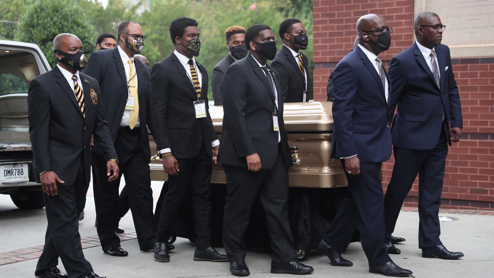 Pallbearers carry the body of Rayshard Brooks to the Ebenezer Baptist Church for his funeral on June 23, 2020 in Atlanta, Georgia. Brooks was killed on June 12 by an Atlanta police officer