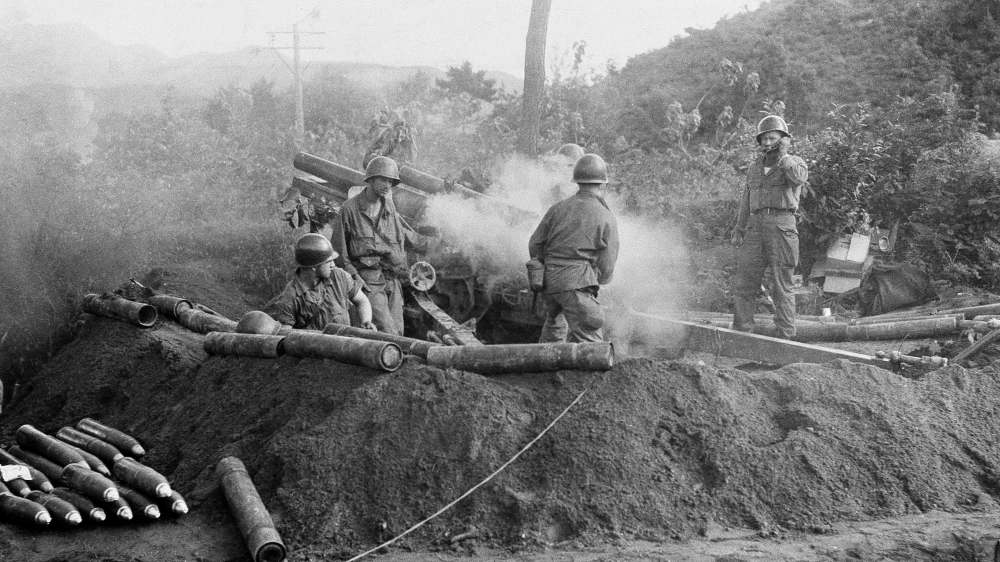 American soldiers in action against North Korean invaders somewhere in Korea in July 1950. The fighting dragged on for three years and no formal peace treaty has ever been signed