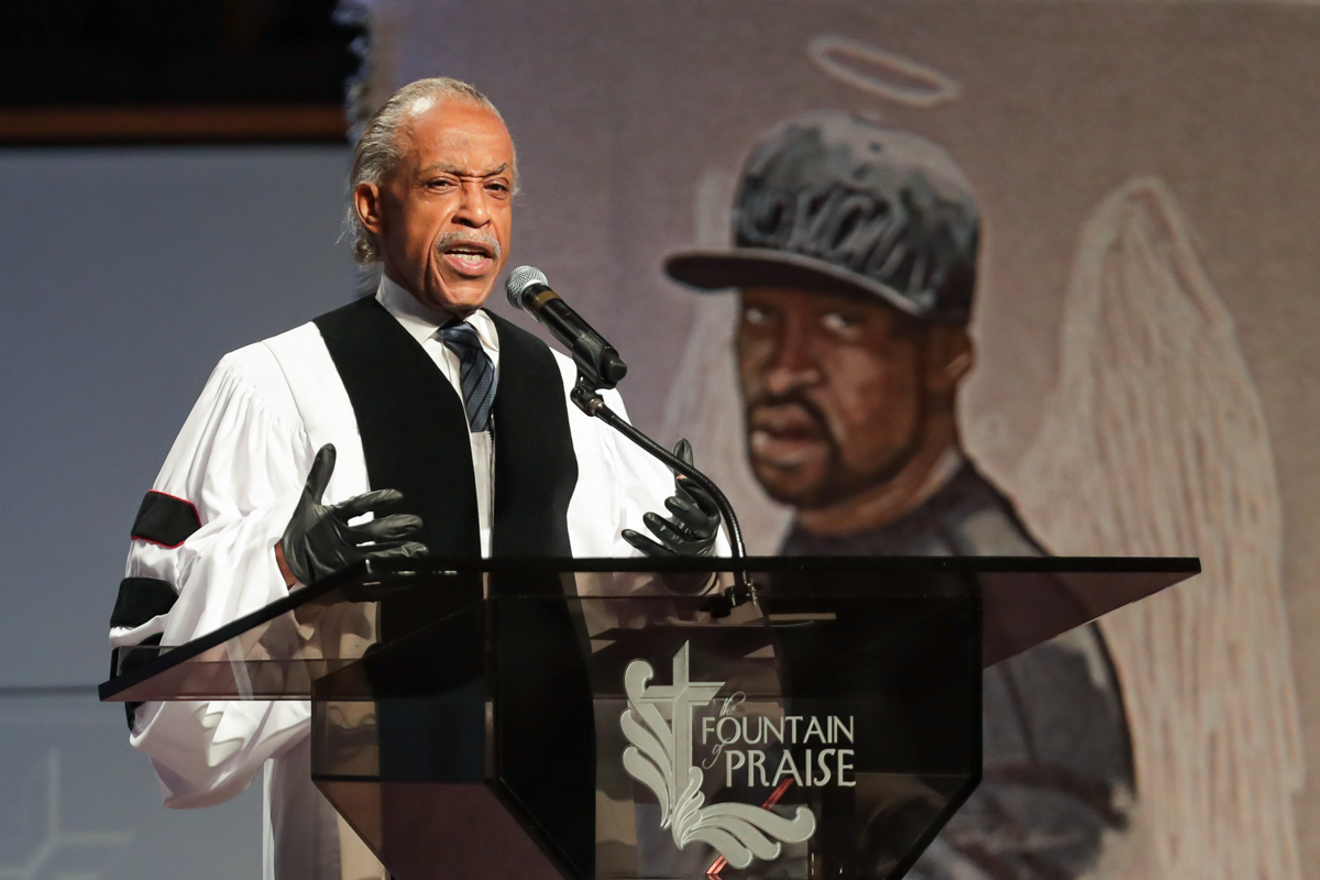 epa08476003 The Rev. Al Sharpton speaks during the funeral for George Floyd at The Fountain of Praise church in Houston, Texas, USA, 09 June 2020. A bystander''s video posted online on 25 May, appeared