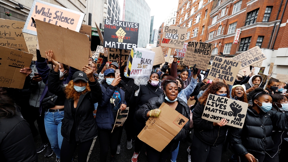 Demonstrators are seen during a Black Lives Matter protest in London, following the death of George Floyd who died in police custody in Minneapolis, London, Britain, June 6, 2020. REUTERS/John Sibley