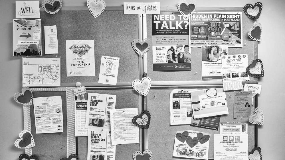 A bulletin board at the Well in Baltimore