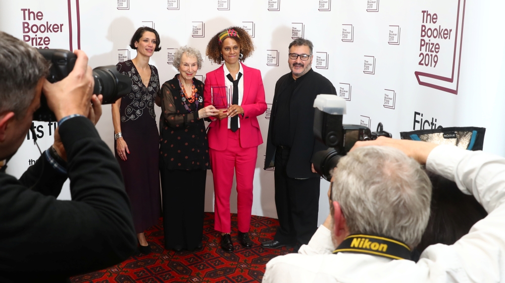 Margaret Atwood poses with Bernardine Evaristo after jointly winning the Booker Prize for Fiction 2019 at the Guildhall in London