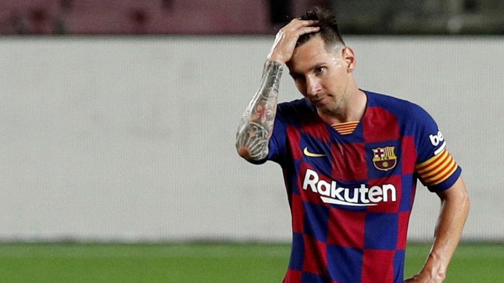 Barcelona’s Lionel Messi reacts, as play resumes behind closed doors following the outbreak of the coronavirus disease