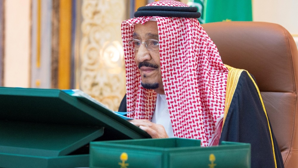 Saudi King Salman bin Abdulaziz attends a cabinet meeting via video call from Kind Faisal Hospital, in Riyadh