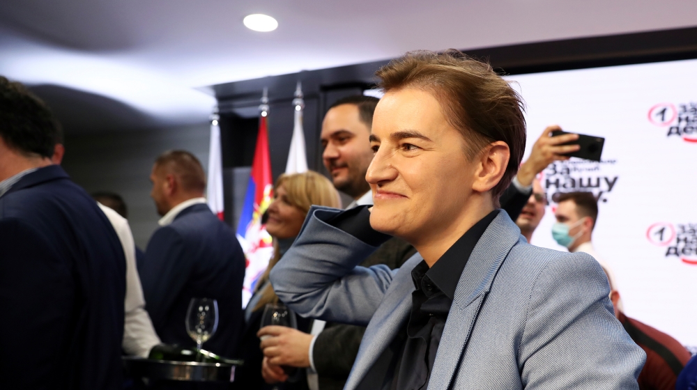 Serbian Prime Minister Ana Brnabic reacts at Serbian Progressive Party (SNS) headquarters during a national election, the first in Europe since lockdown due to the coronavirus disease (COVID-19) outbr