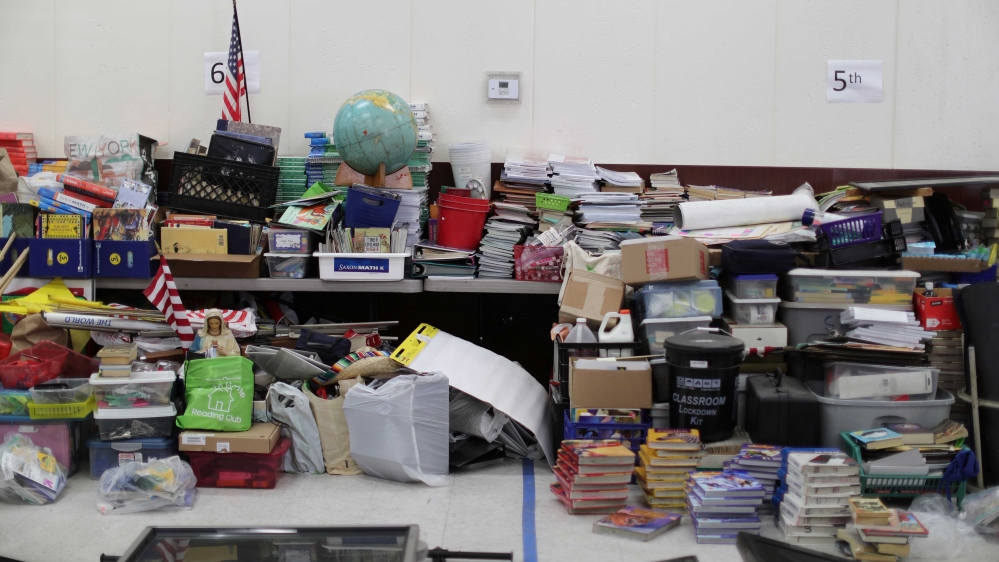 School supplies piled up during summer break renovations during the installation of social distancing measures at St Joseph’s School, in La Puente, near Los Angeles, California, US