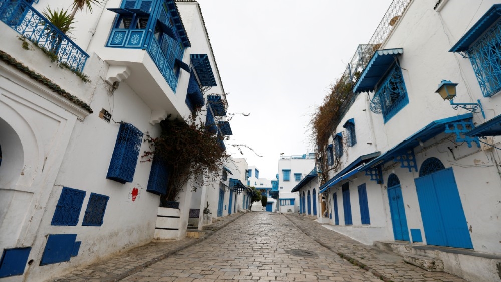 A general view shows an empty street in Sidi Bou Said, an attractive tourist destination, as the country extended the lockdown by two weeks to contain the spread of the coronavirus in Tunis, Tunisia