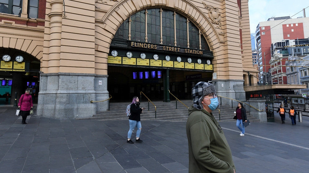 Melbourne’s normally bustling Flinders Street Station is almost deserted as a result of the renewed lockdowm in the city