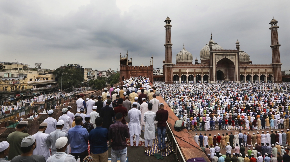Muslims offer Eid al-Adha prayers at Jama Masjid in New Delhi, India, Monday, Aug. 12, 2019. Muslims around the world celebrate Eid al-Adha, or the Feast of the Sacrifice, by sacrificing animals as an