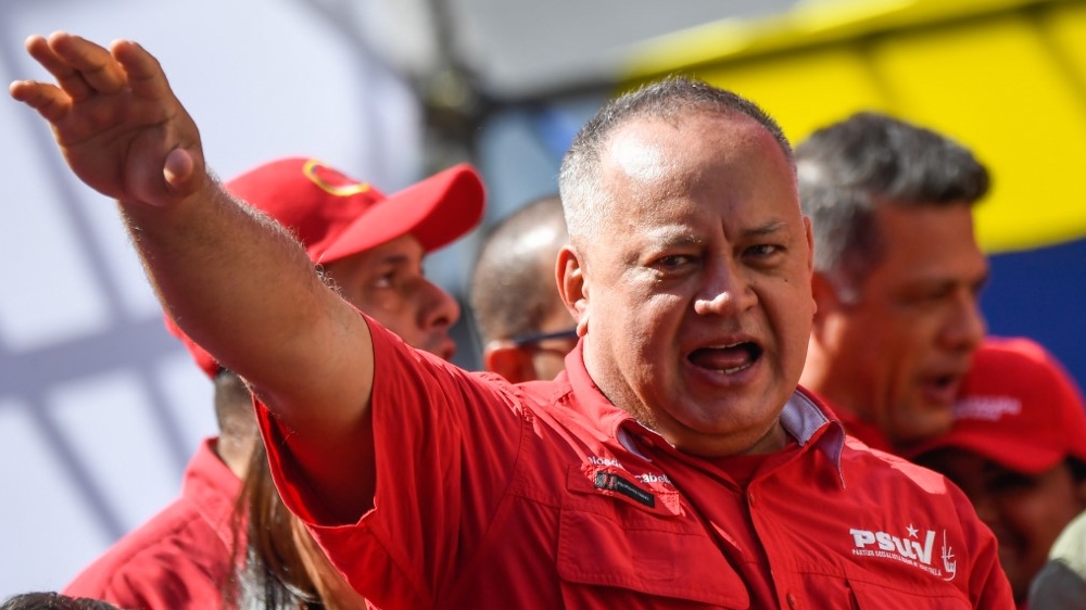 Diosdado Cabello gestures during a rally commemorating the 31st anniversary of a deadly popular revolt in Caracas on February 27, 2020
