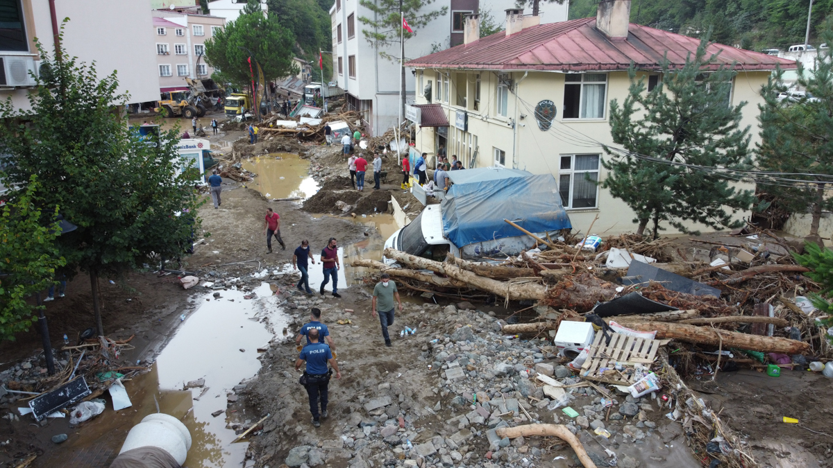 GIRESUN, TURKEY - AUGUST 23: A drone photo shows the flooded workshops, houses and roads in a residential area after heavy rains in Turkey’s Black Sea province of Giresun on August 23, 2020. Giresun-D
