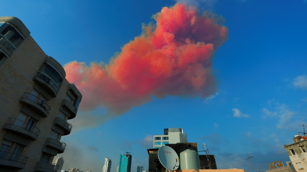 Smoke is seen after an explosion in Beirut, Lebanon August 4, 2020, in this picture obtained from social media. Gaby Maamary/via REUTERS