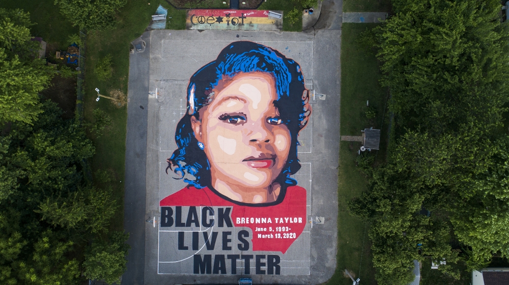 An image made with a drone shows a mural of Breonna Taylor, who was killed in her own apartment by Louisville, Kentucky police officers, on two basketball courts in Annapolis, Maryland, USA, 08 July 2