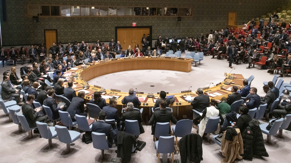 This January 9, 2020, image obtained from the United Nations shows a general view of the Security Council meeting on maintenance of international peace and security and upholding the United Nations Ch