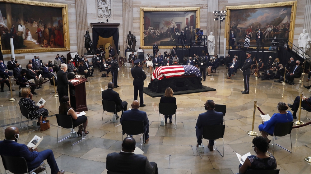 The casket of U.S. Representative from Georgia John Lewis arrives during a ceremony preceding the lying in state in the Rotunda of the U.S. Capitol in Washington, D.C., U.S. July 27, 2020. Shawn Thew/