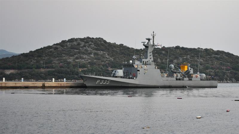 A Turkish warship in docks in Kas Marina as geopolitical tensions rise in the Eastern Mediterranean [Sami Kent/Al Jazeera]