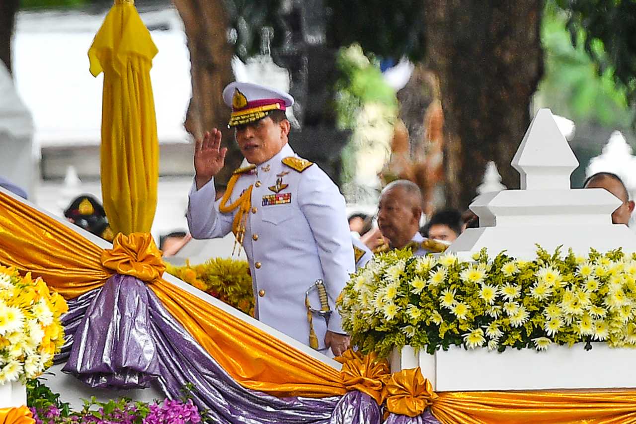 Thai King Maha Vajiralongkorn arrives to preside over a graduation ceremony at Thammasat University in Bangkok on Friday