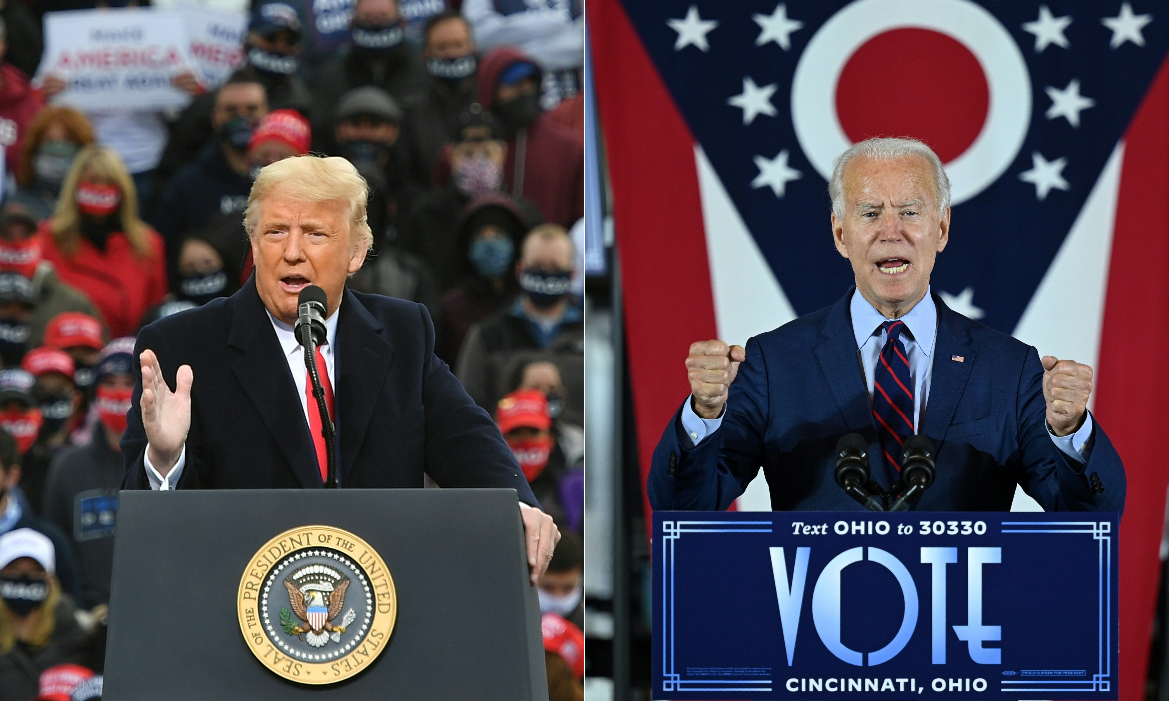 (COMBO) This combination of pictures created on October 30, 2020 shows US President Donald Trump speaks during a campaign rally at Manchester-Boston Regional Airport in Londonderry, New Hampshire on October 25, 2020.