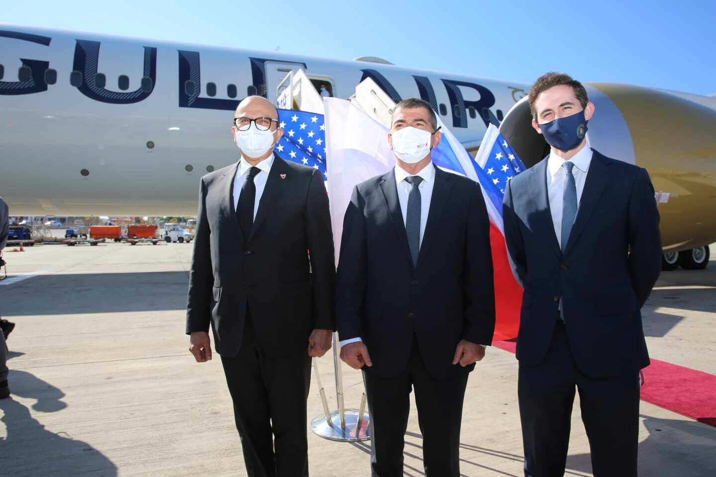 Al Zayani, left, and Avi Berkowitz, right, are welcomed by Israeli FM Gabi Ashkenazi, centre, at Ben Gurion Airport in Tel Aviv [Anadolu]