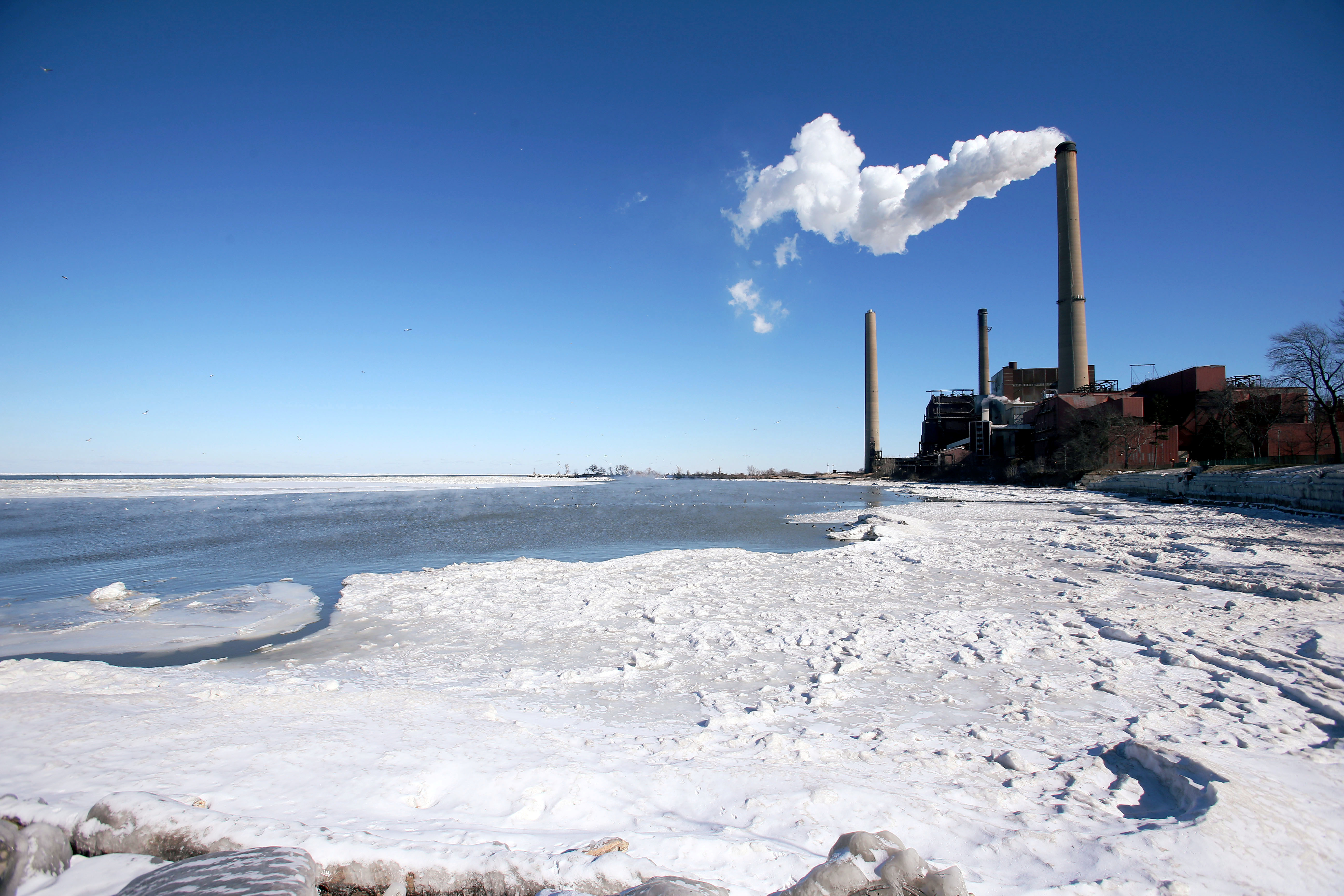 A view of a power plant and frozen Lake Erie in Avon Lake, Ohio