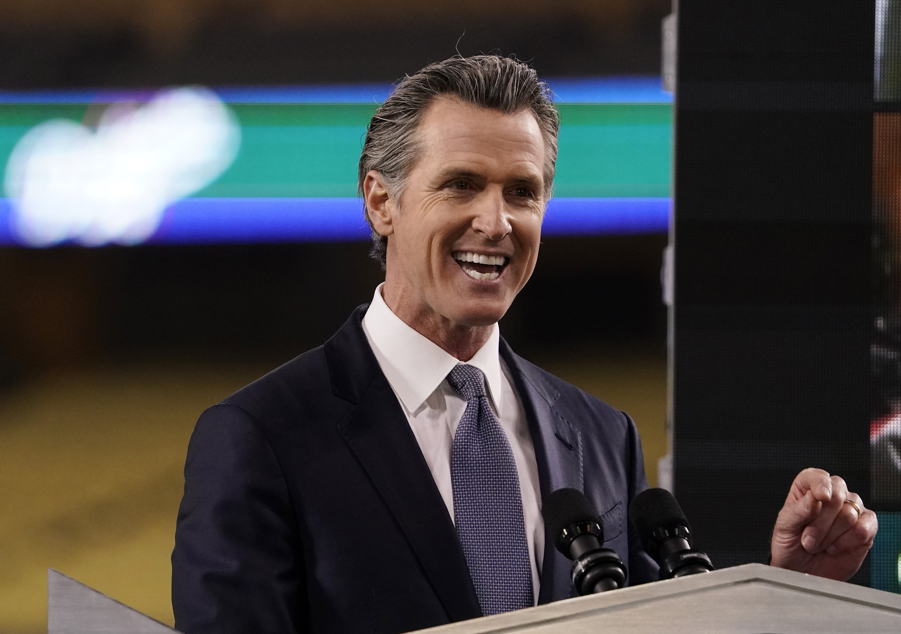 In this March 9, 2021, photo, California Governor Gavin Newsom delivers his State of the State address from Dodger Stadium in Los Angeles. Newsom and his Democratic allies launched a political committee on March 15 to stop a proposed recall election that could remove him from office [File: Mark J Terrill/AP Photo]