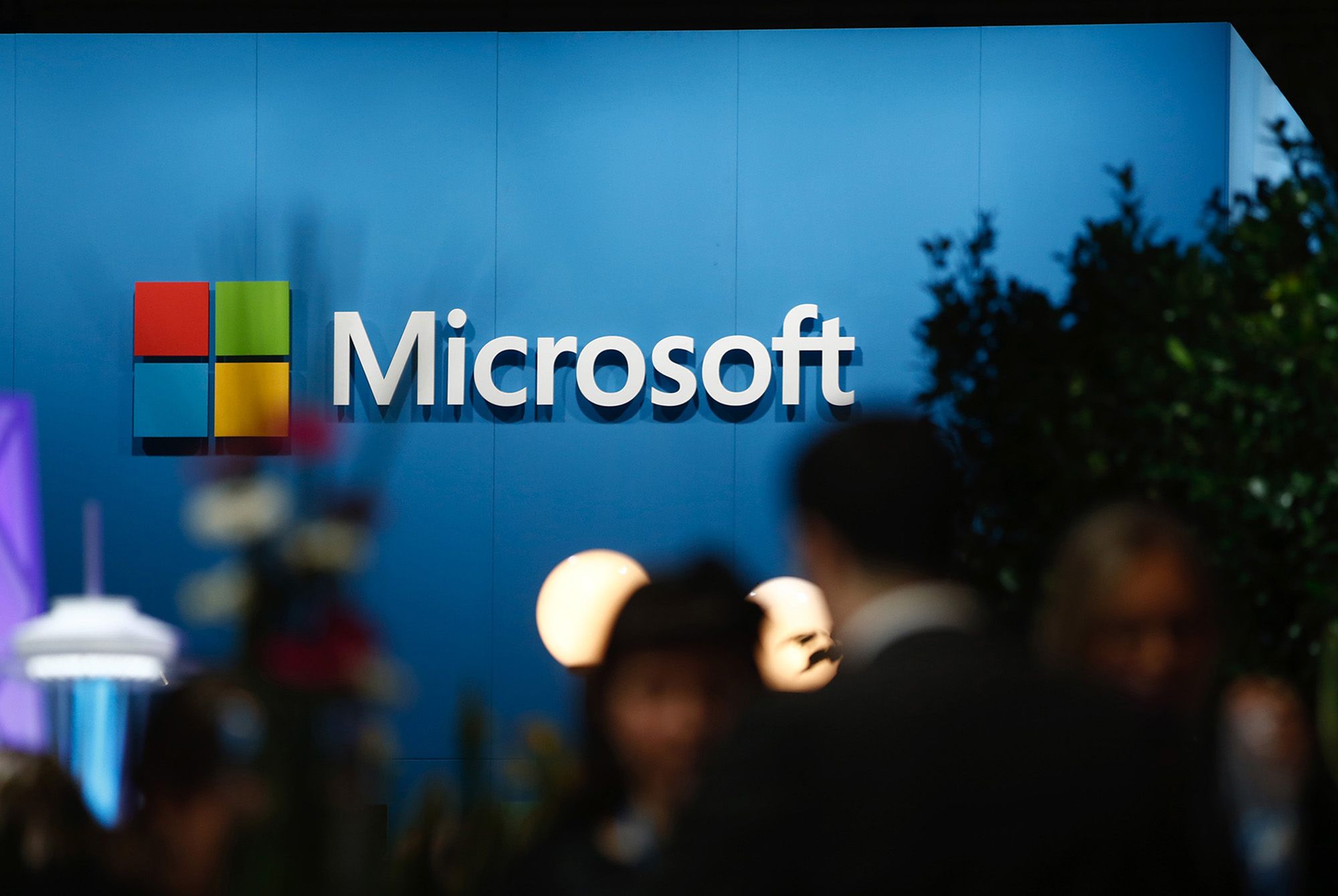 A logo sits on display outside the Microsoft Corp. pavilion at the Mobile World Congress in Barcelona.