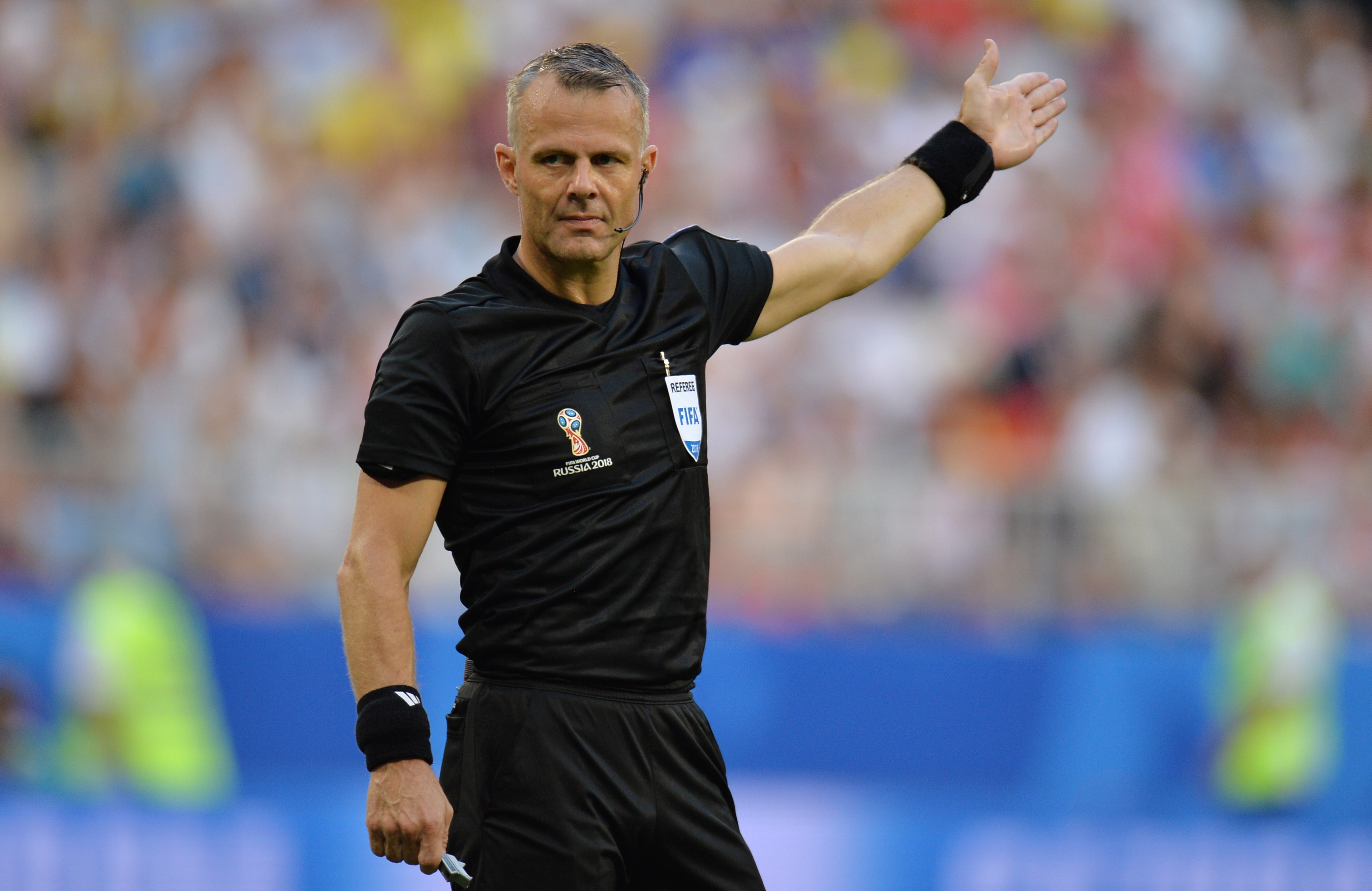 Dutch referee Bjorn Kuipers reacts during the FIFA World Cup 2018 quarter final soccer match between Sweden and England in Samara, Russia, 07 July 2018.