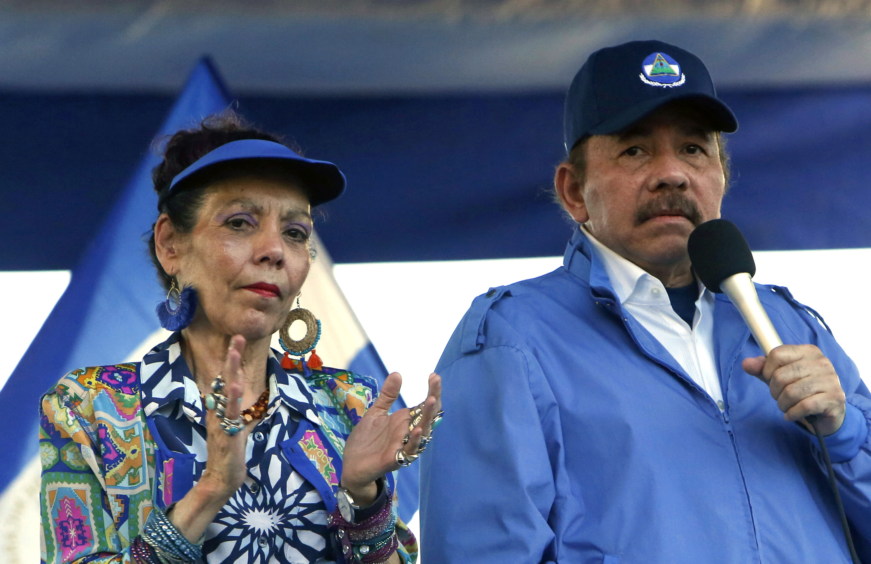 Nicaragua’s President Daniel Ortega and his wife, Vice President Rosario Murillo, leading a rally in Managua, Nicaragua