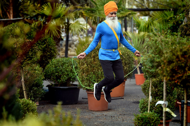 Rajinder Singh, known as the Skipping Sikh, at Ansell Garden Centre [Photo courtesy of Johnny Miller]