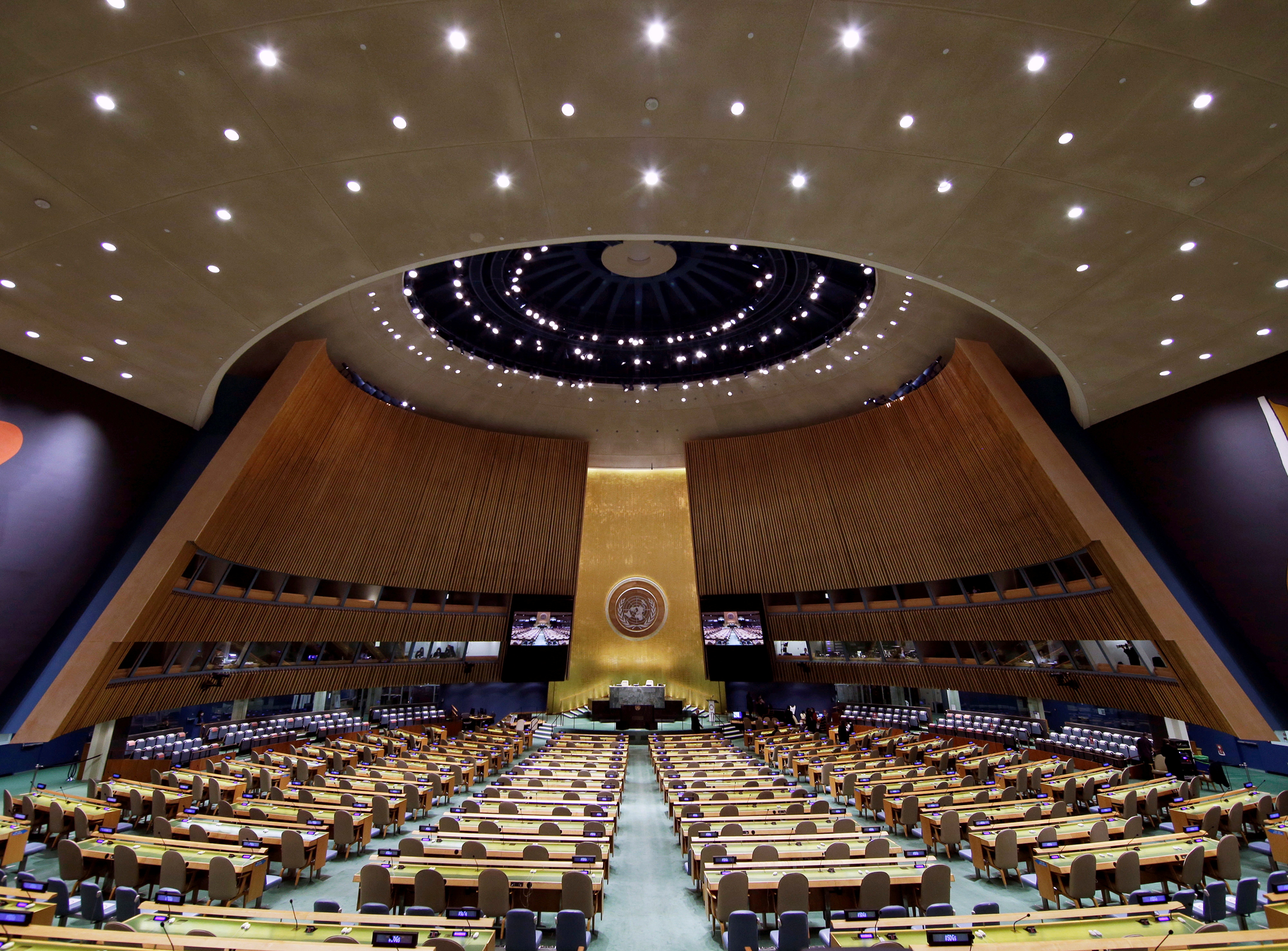 The UN General Assembly Hall is empty before the start of the Sustainable Development Goals Moment event, part of the UN General Assembly 76th session General Debate at United Nations Headquarters, in New York on September 20, 2021 [Reuters/John Angelillo]