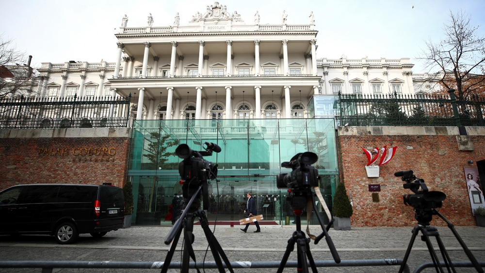 Cameras stand outside Palais Coburg, the site of a meeting of the Joint Comprehensive Plan of Action (JCPOA), in Vienna, Austria, November 29, 2021.