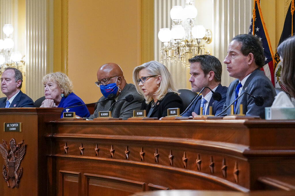 The House panel investigating the January 6 insurrection - seated from left Representatives Adam Schiff, Zoe Lofgren, Chairman Bennie Thompson, Vice Chair Liz Cheney, Adam Kinzinger, and Jamie Raskin, at the Capitol - has rejected former President Donald Trump's claims of privilege.