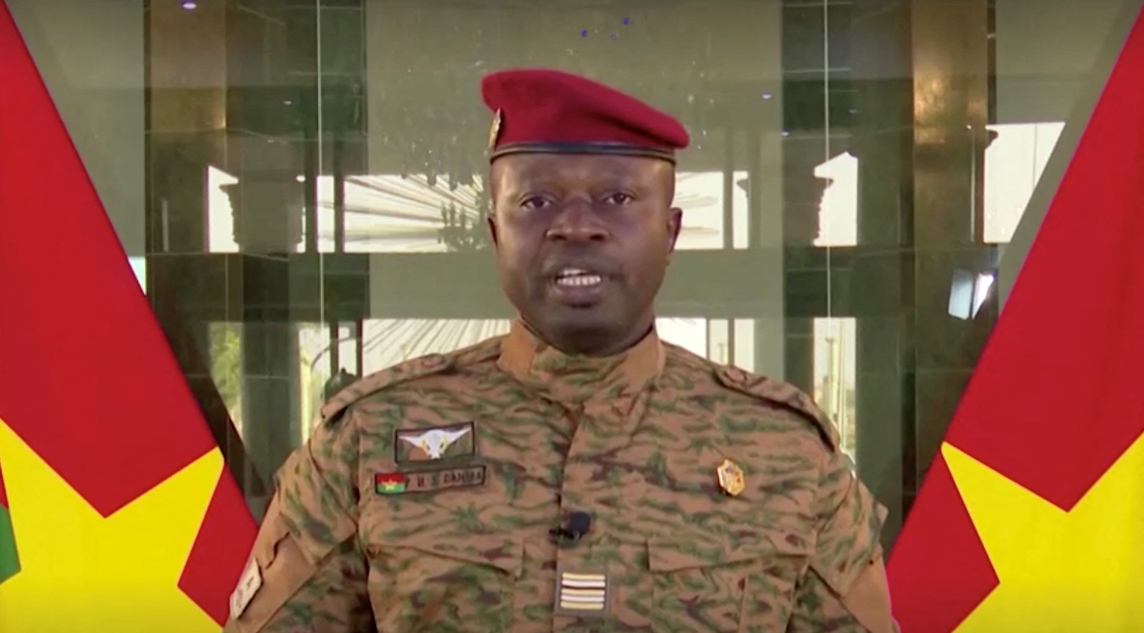 New Military Leader Of Burkina Faso, Lieutenant Colonel Paul-Henri Damiba, delivers a speech in Ouagadougou, Burkina Faso, January 27, 2022, in this screengrab taken from video.