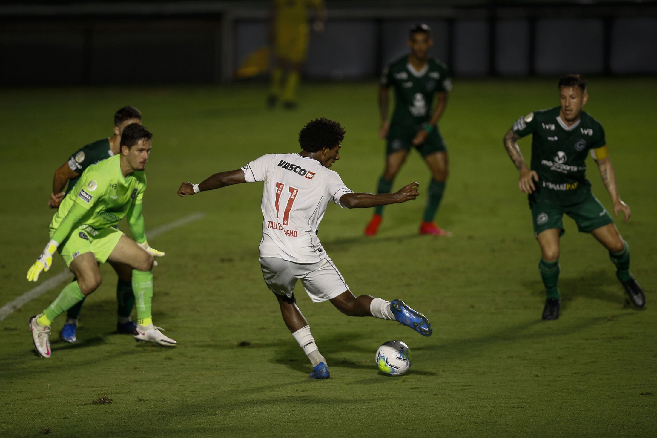 Tales Magno of Vasco da Gama kicks the ball during a match against Goias at Sao Januario Stadium in Rio de Janeiro, on Feb. 25, 2021