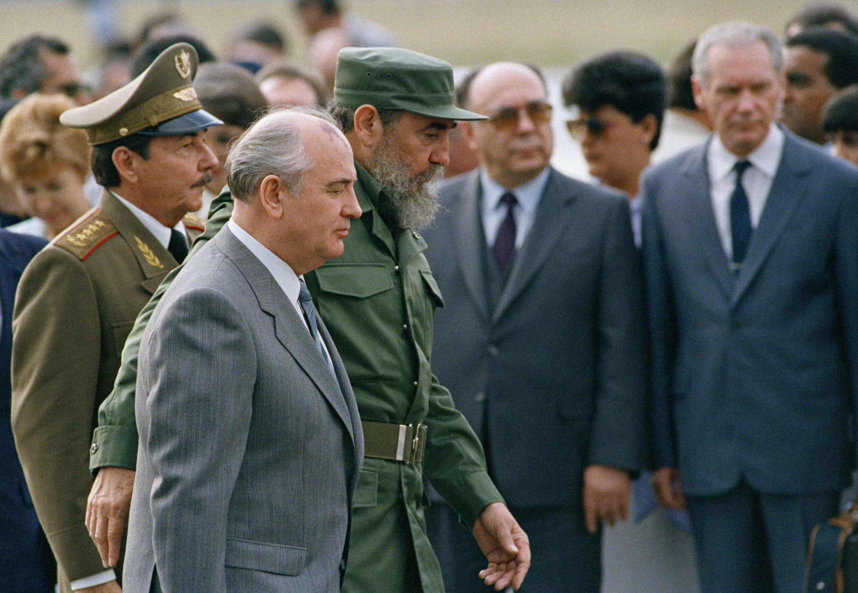 Cuban President Fidel Castro and his brother, Raul Castro, escort Mikhail Gorbachev in Havana, Cuba. 