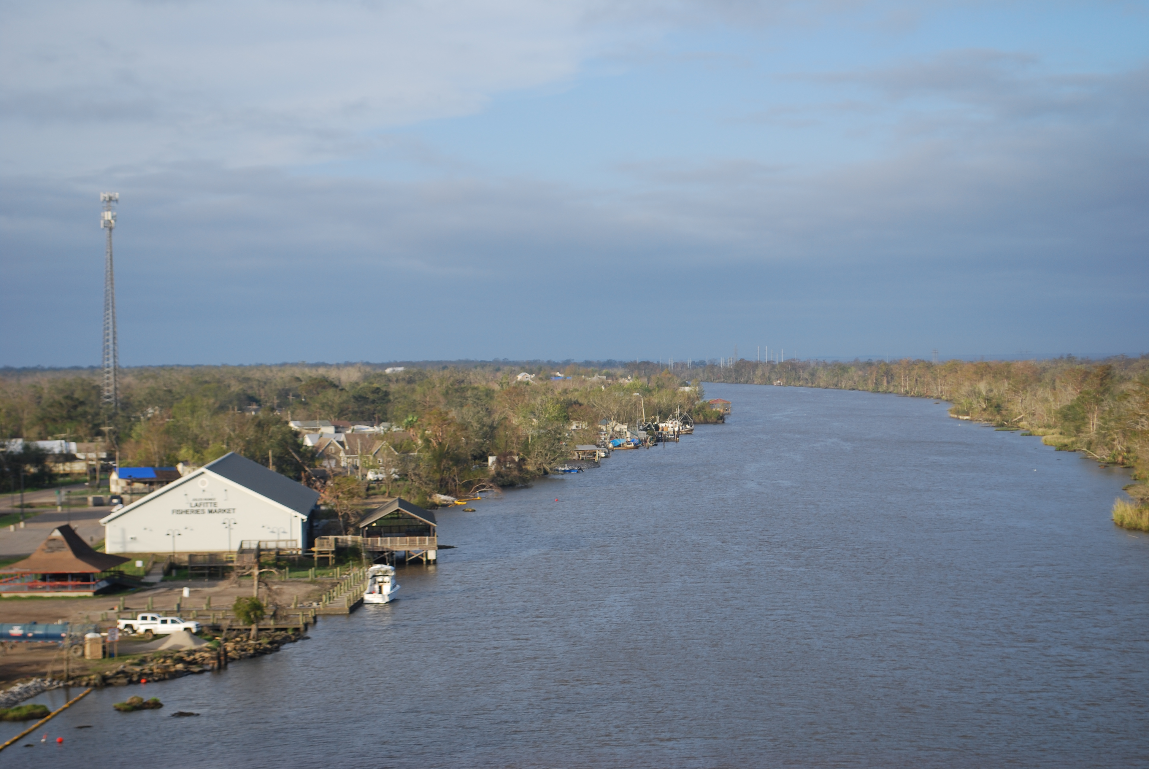 The waterway through Jean Lafitte. On the left can be seen Les Bon Temps, and the gazebo in which Madison is living.