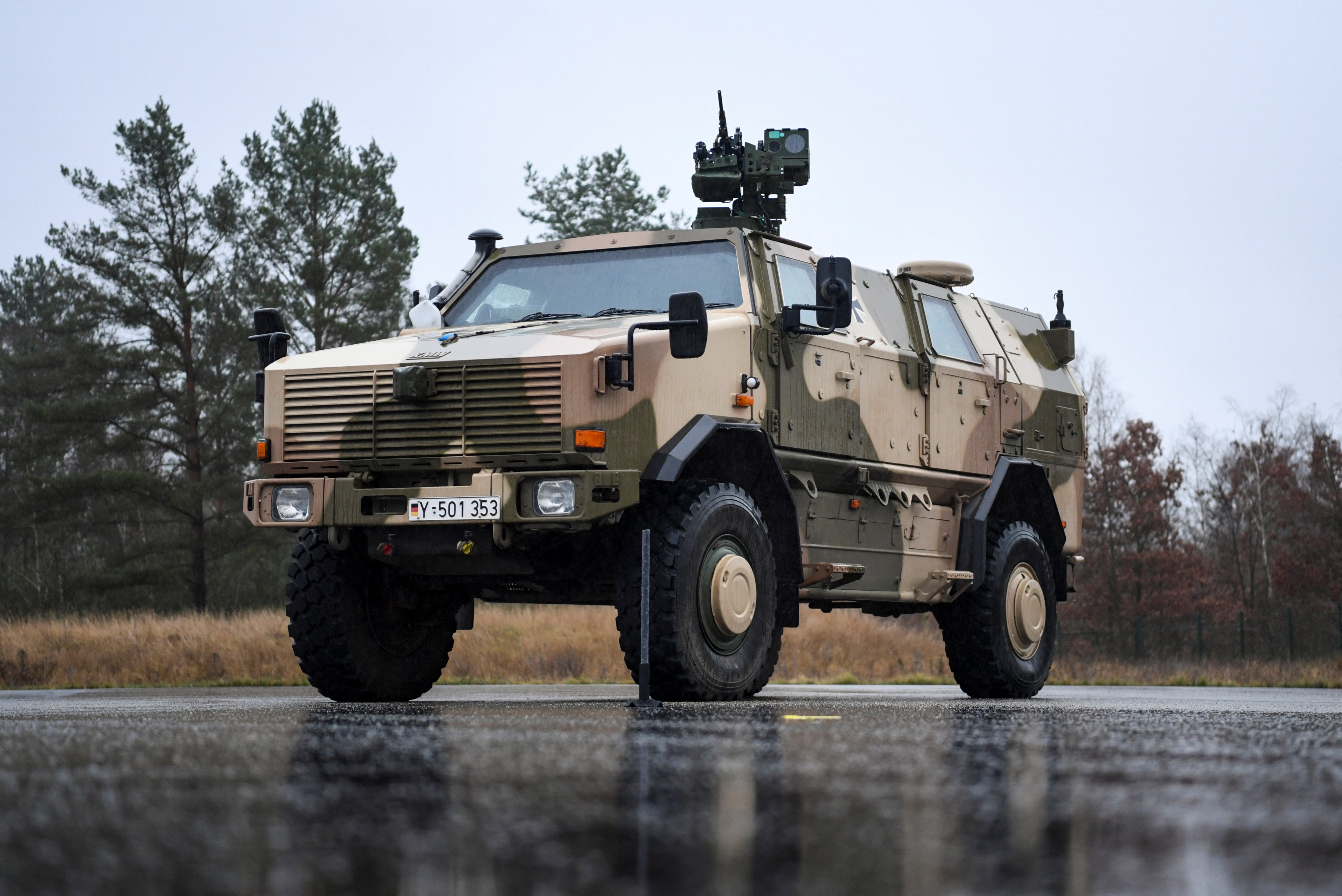 A military vehicle is seen during German Defense Minister Christine Lambrecht's visit to the German armed forces Bundeswehr in Beelitz