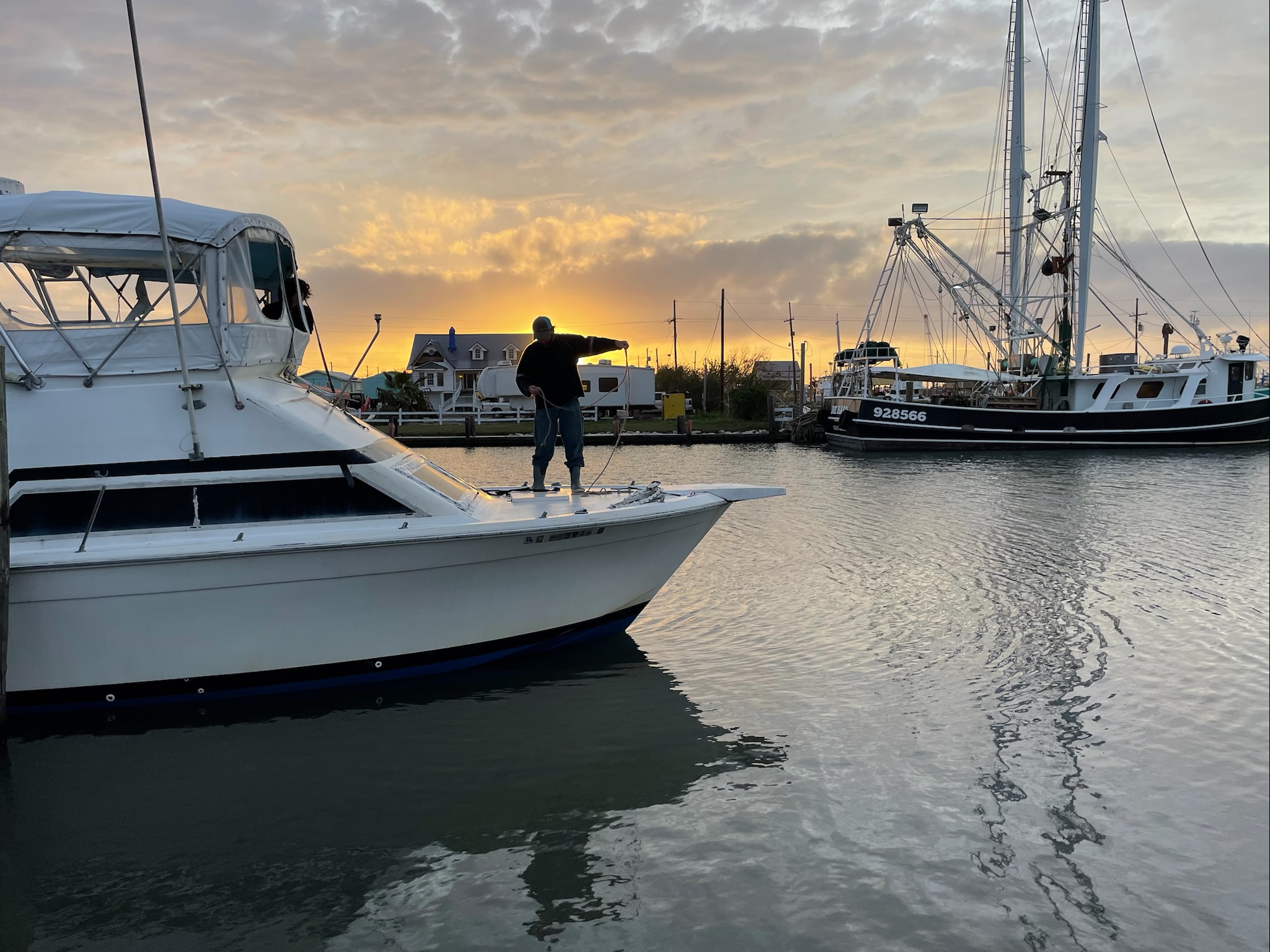 Maurer ties up Les Bon Temps outside his home on Grand Isle.