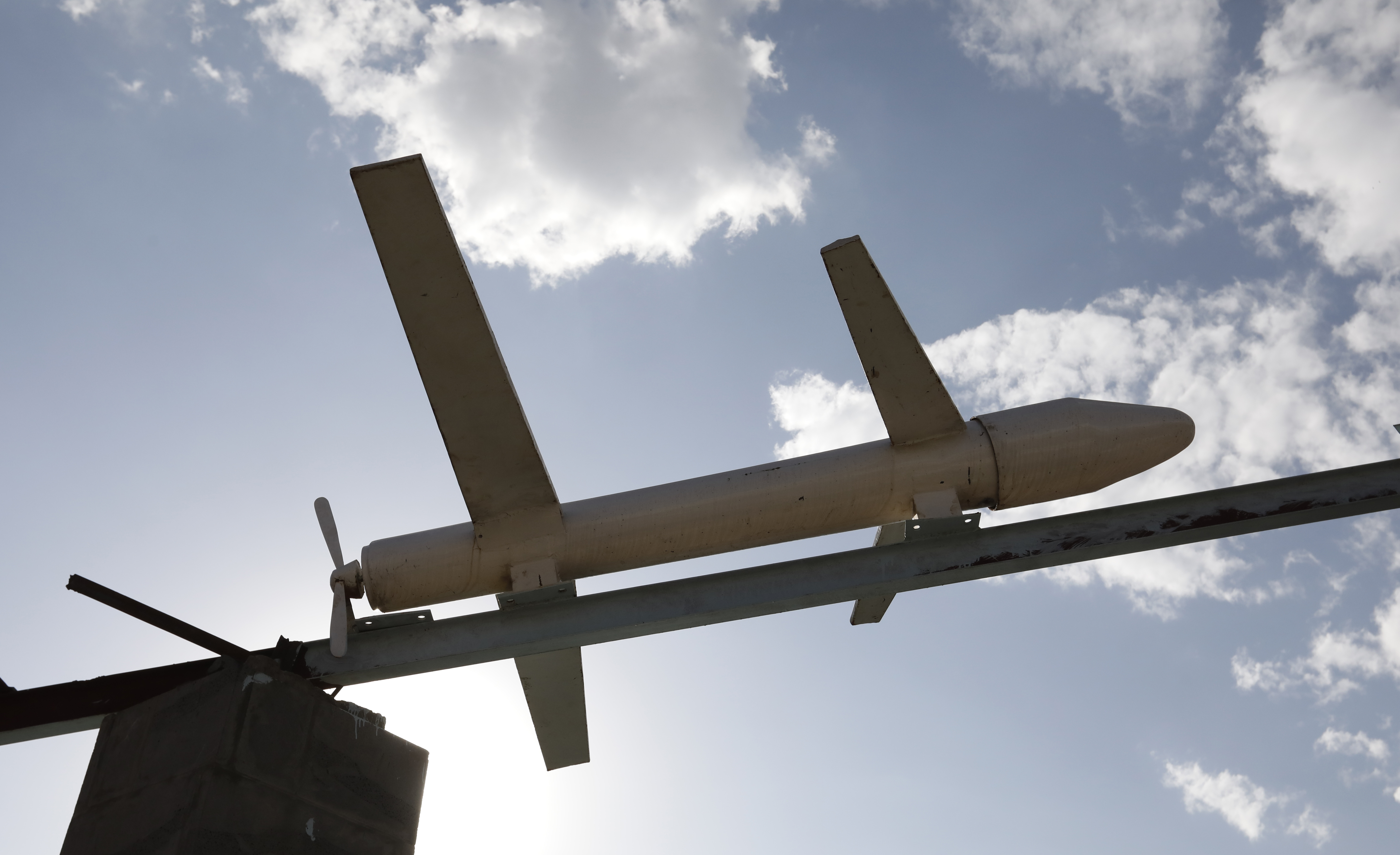 A fake drone is set up by the Houthis in a fountain at a square in Sana?a, Yemen,
