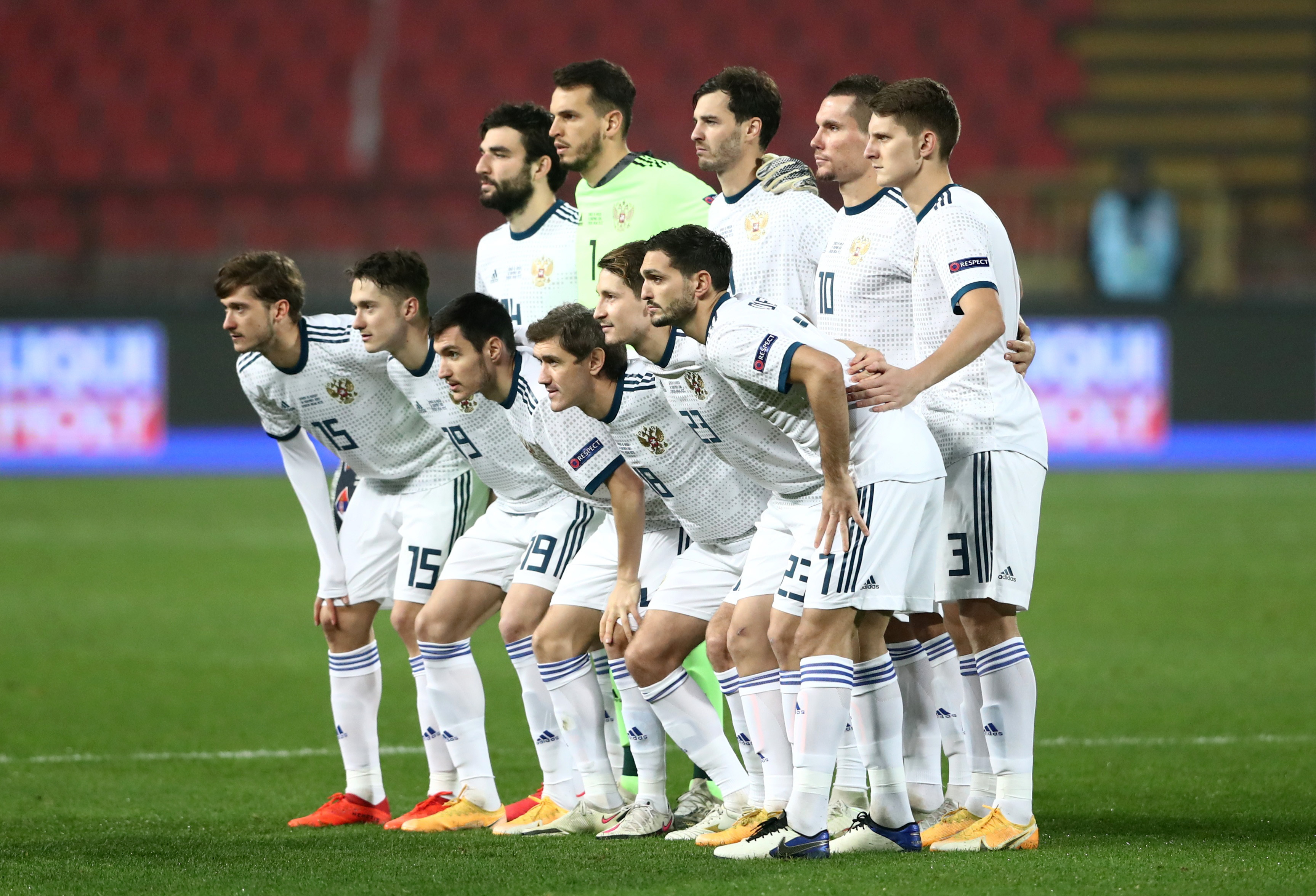 Russia players pose for a team photo before a match.