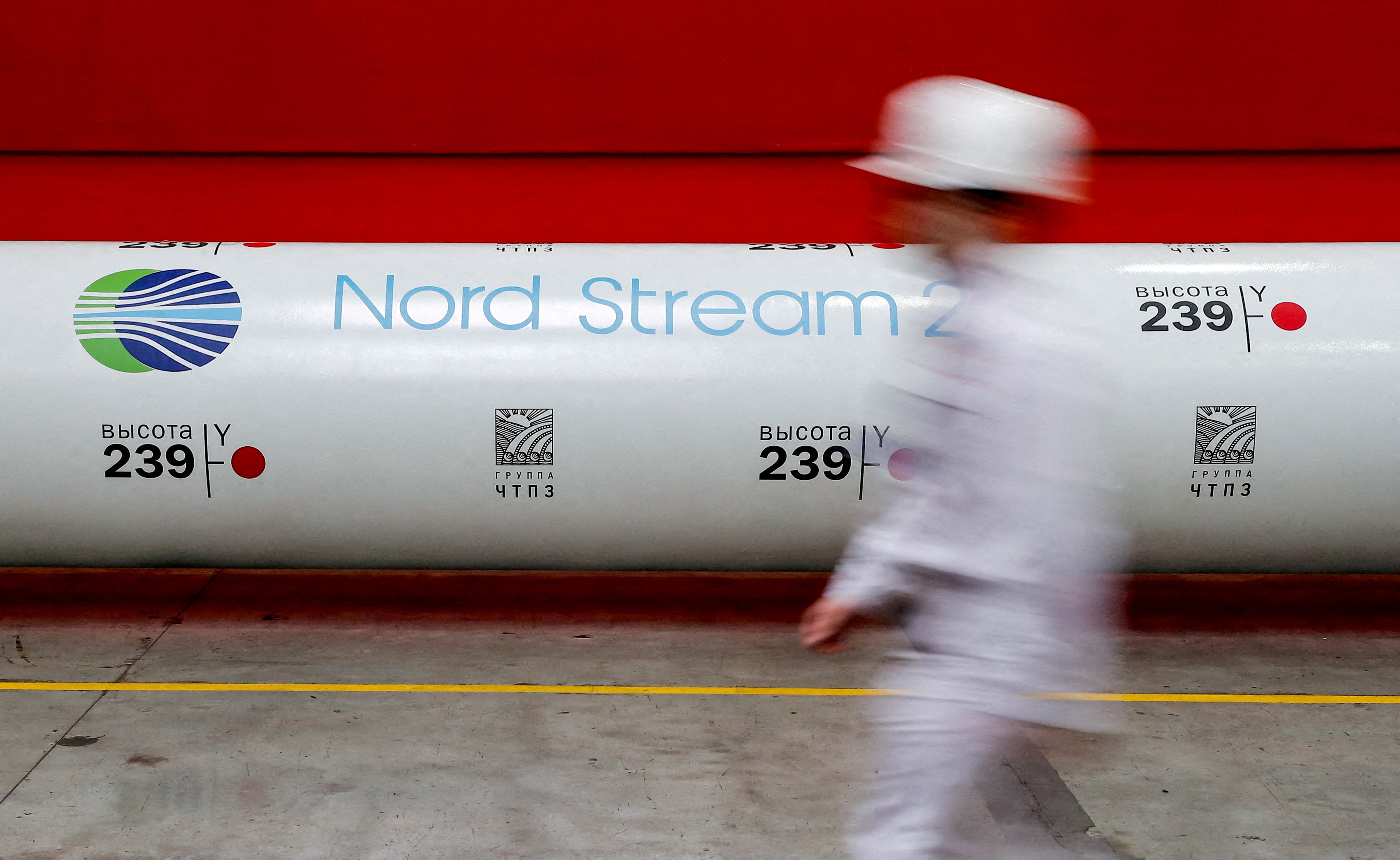 he logo of the Nord Stream 2 gas pipeline project is seen on a pipe at the Chelyabinsk pipe rolling plant in Chelyabinsk, Russia.