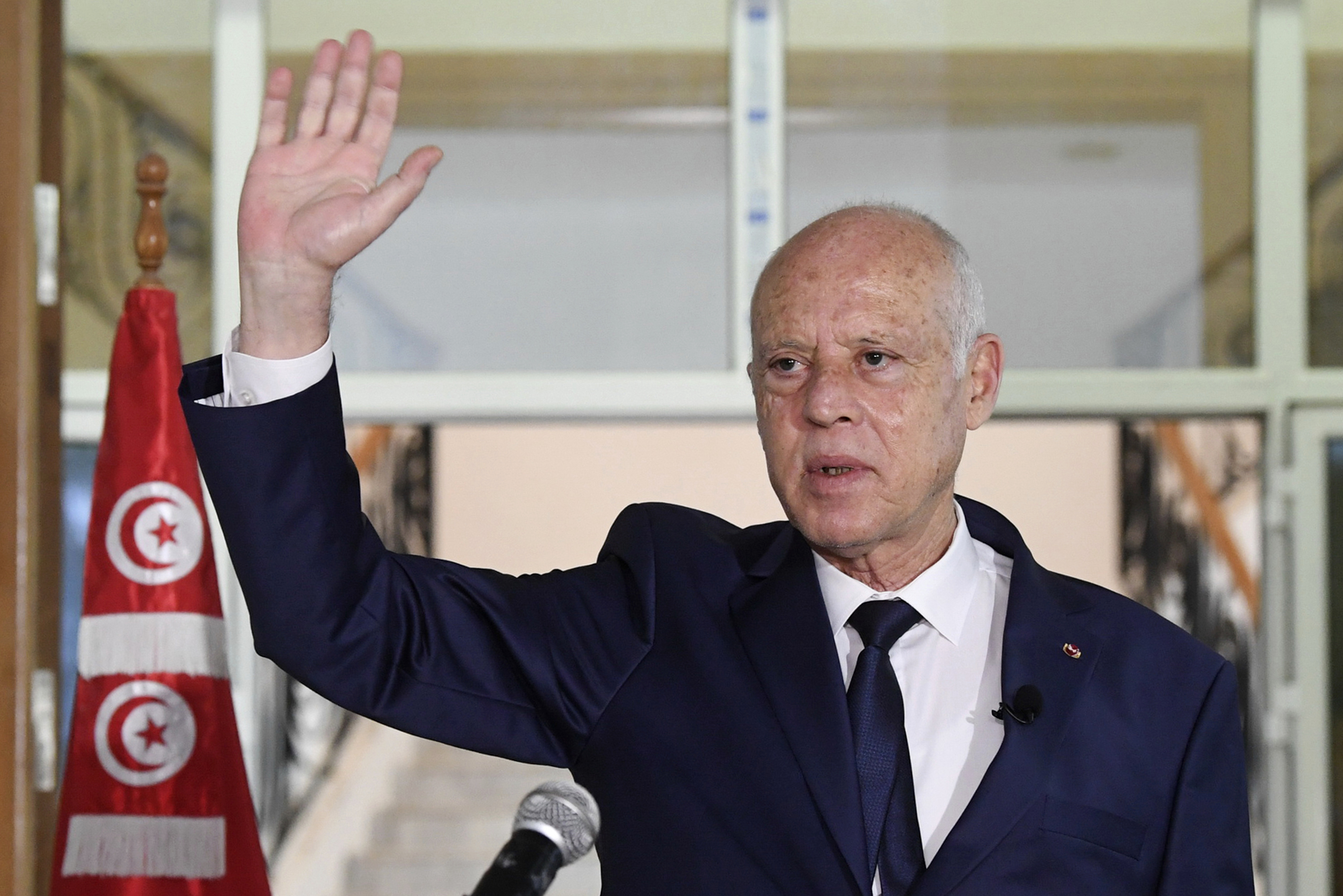 Tunisian President Kais Saied delivers a speech