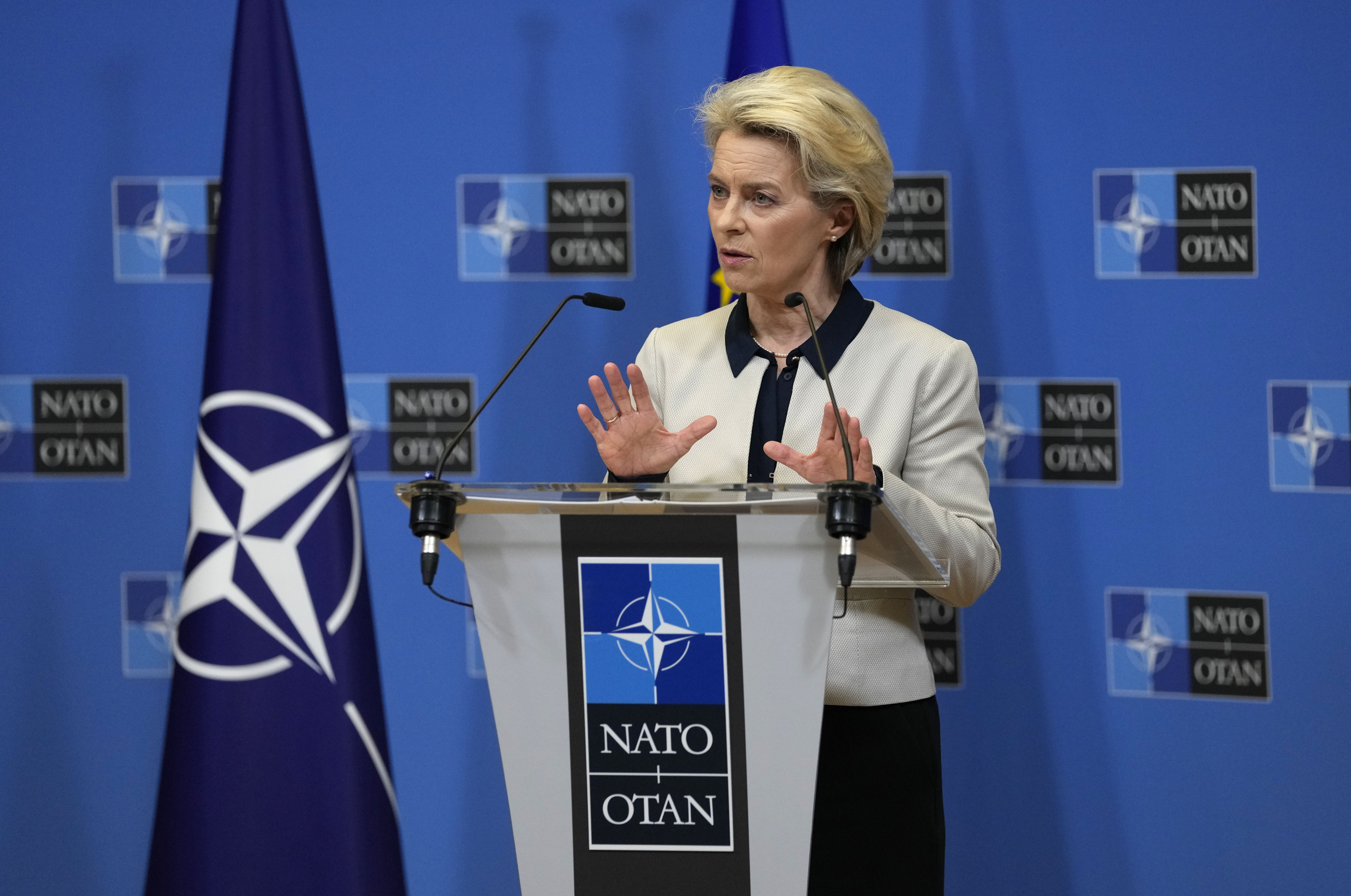 European Commission President Ursula von der Leyen speaks during a media conference at NATO headquarters in Brussels