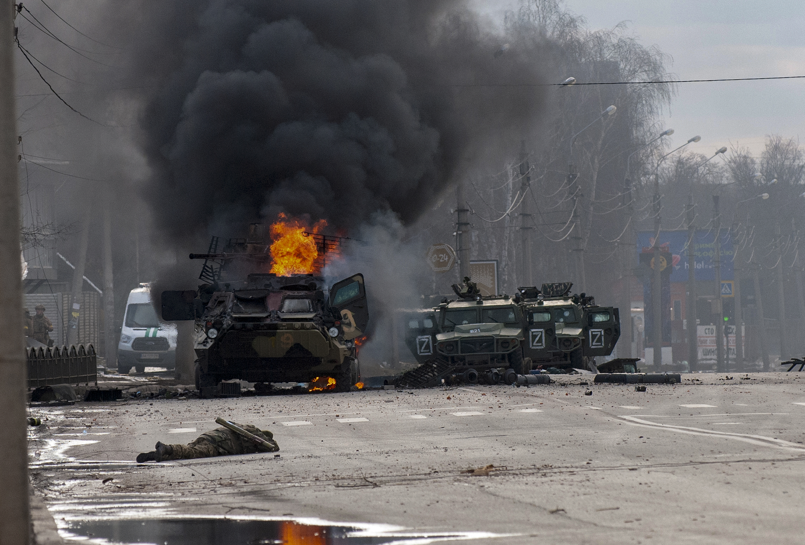 A Russian vehicle is burning in Kharkiv