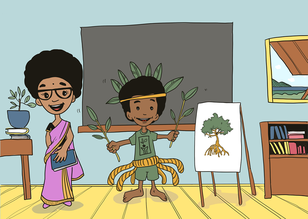 An illustration of a boy dressed as a mangrove tree speaking to his class in a Fiji school with his teacher standing by
