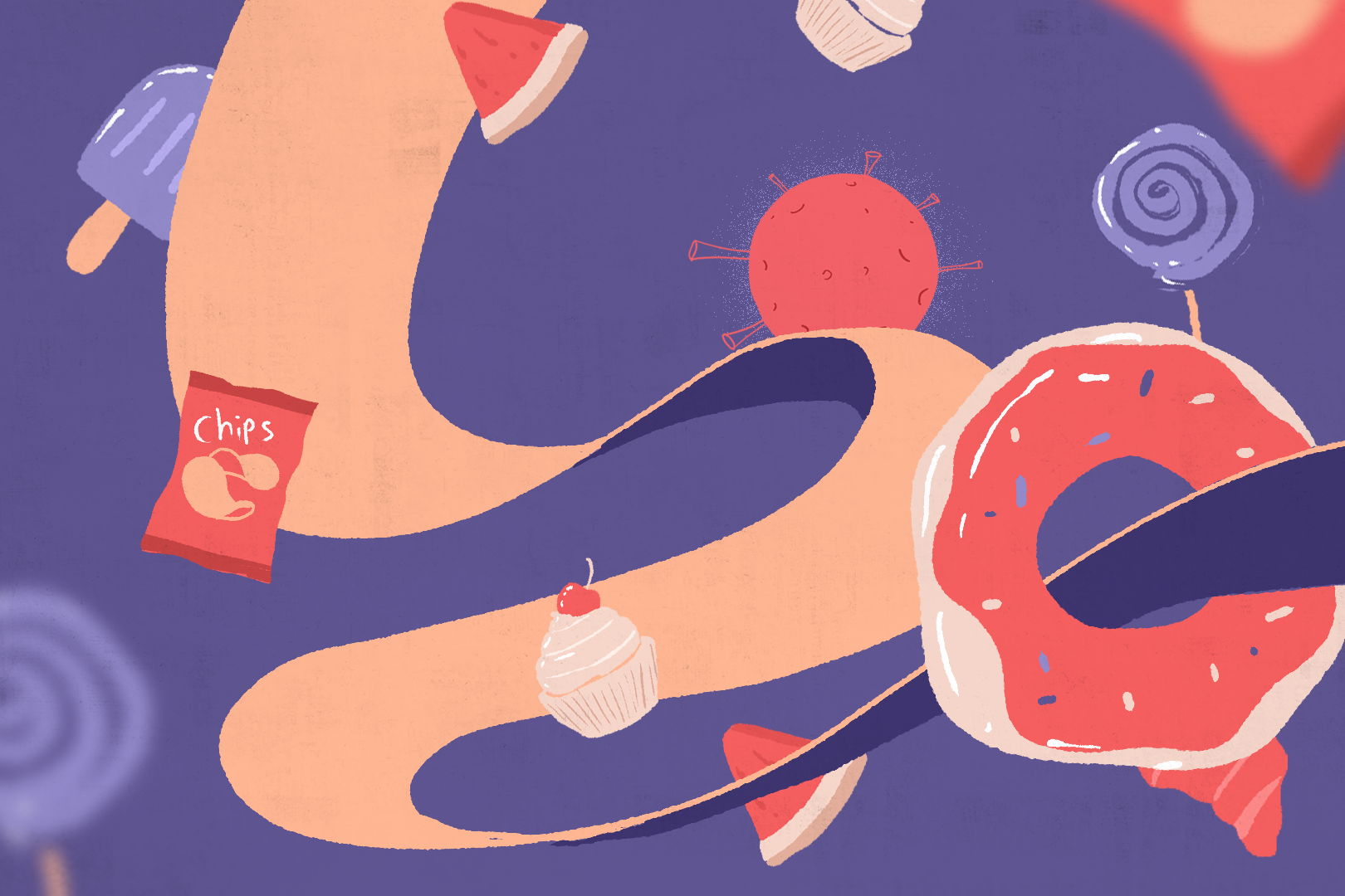 An illustration showing sweets, desserts and some processed food items scattered along a swirly path, with a COVID icon shown to be moving along the path.
